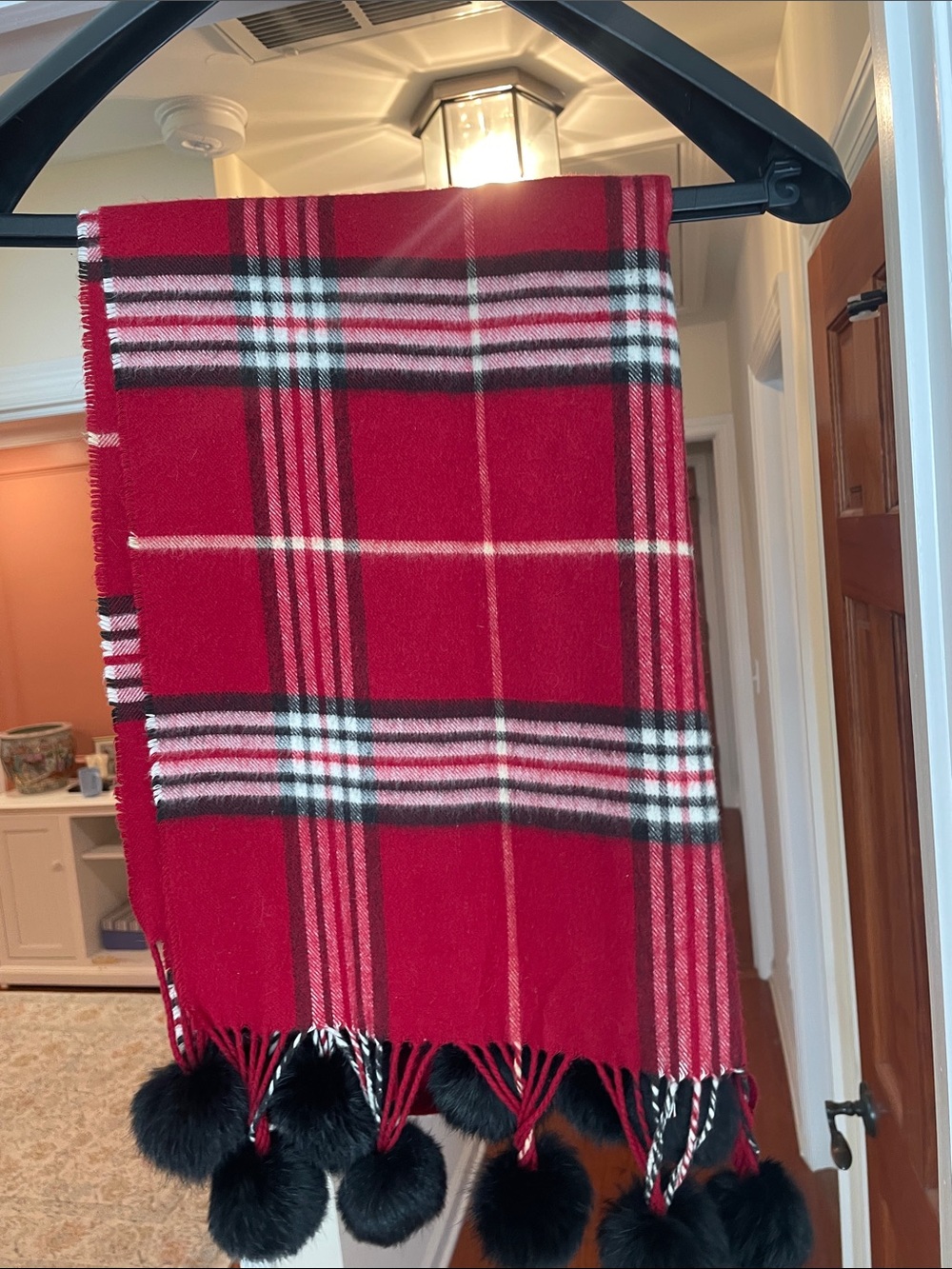 Lord & Taylor Red Plaid Fringe scarf with Black Pom-Poms